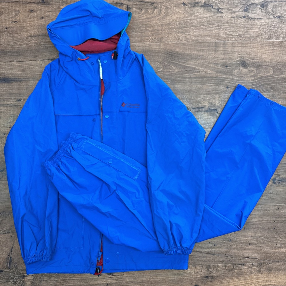Vintage Columbia Sportswear Mens XS Blue Hooded Rain Jacket Pants Waterproof PVC